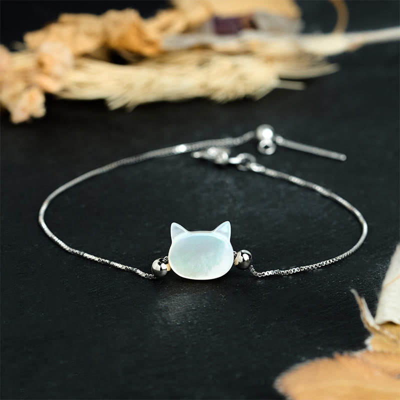 Buddha Stones 925 Sterling Silver Tridacna Stone Cat Head Blessing Chain Bracelet