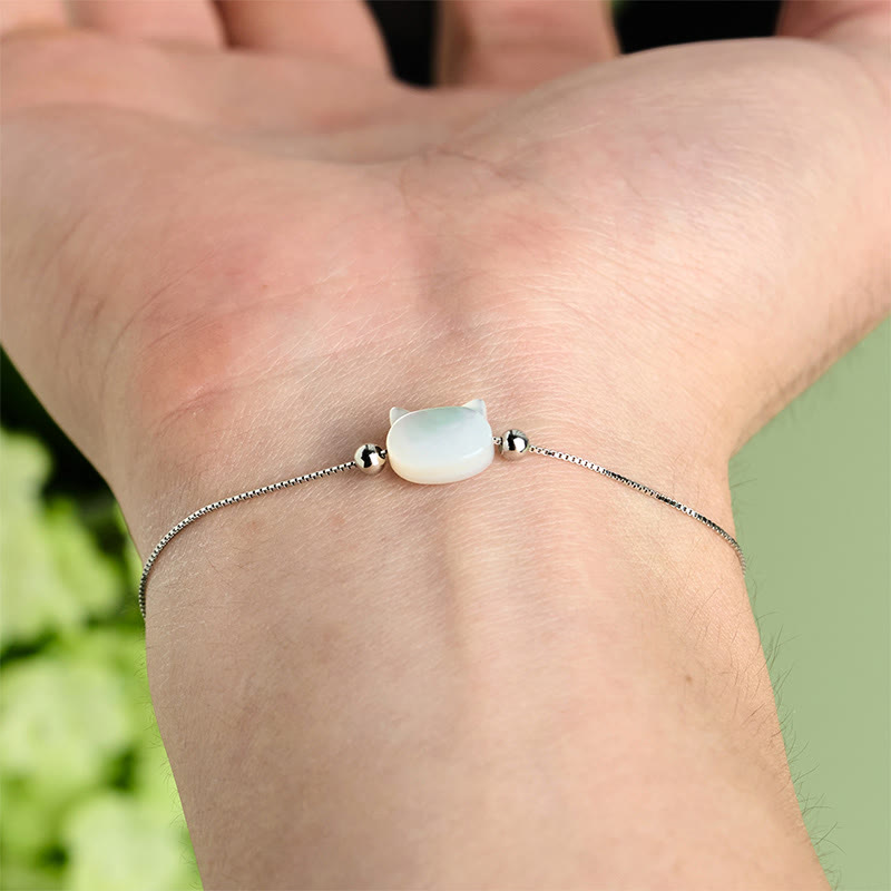 Buddha Stones 925 Sterling Silver Tridacna Stone Cat Head Blessing Chain Bracelet