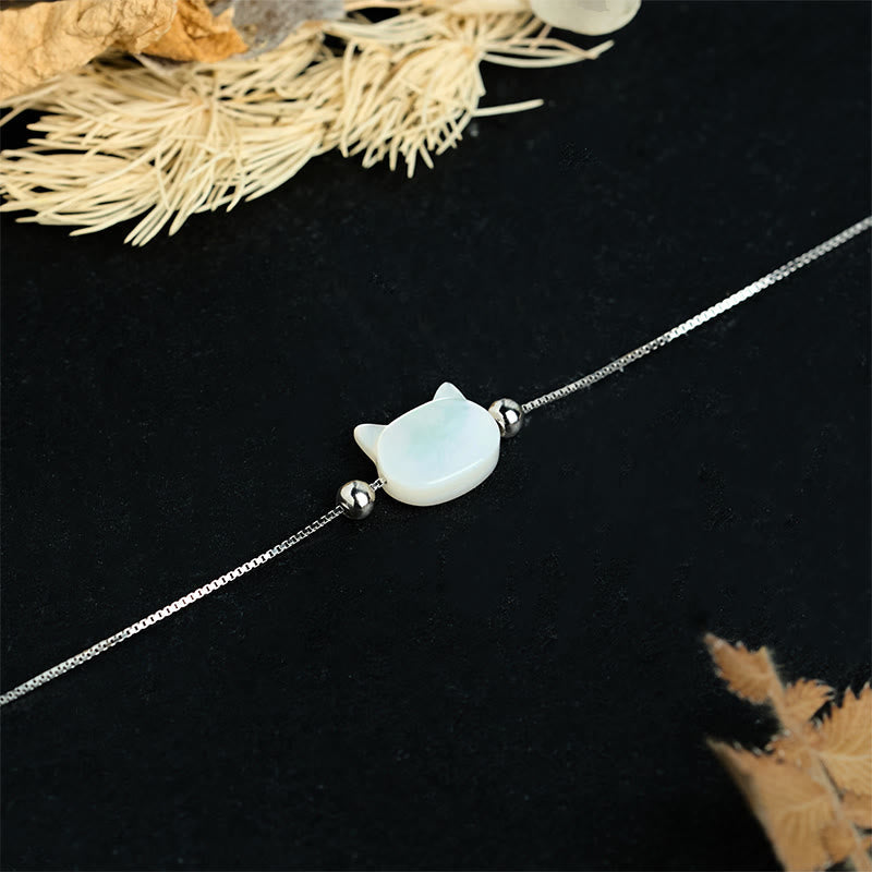 Buddha Stones 925 Sterling Silver Tridacna Stone Cat Head Blessing Chain Bracelet