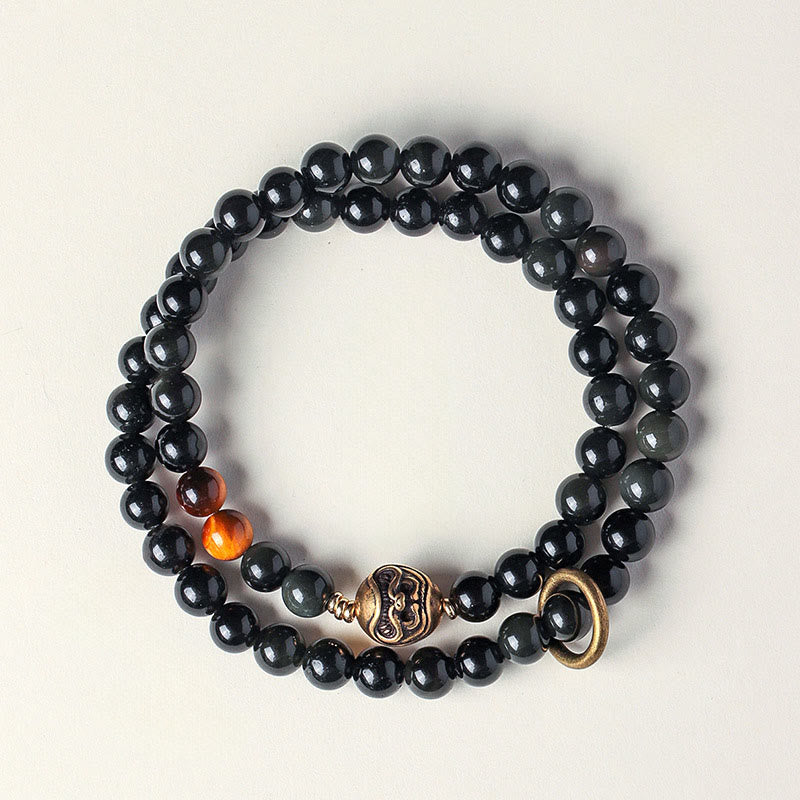 Buddha Stones Tibetan Black Obsidian Tiger Eye Copper Double Wrap Strength Bracelet