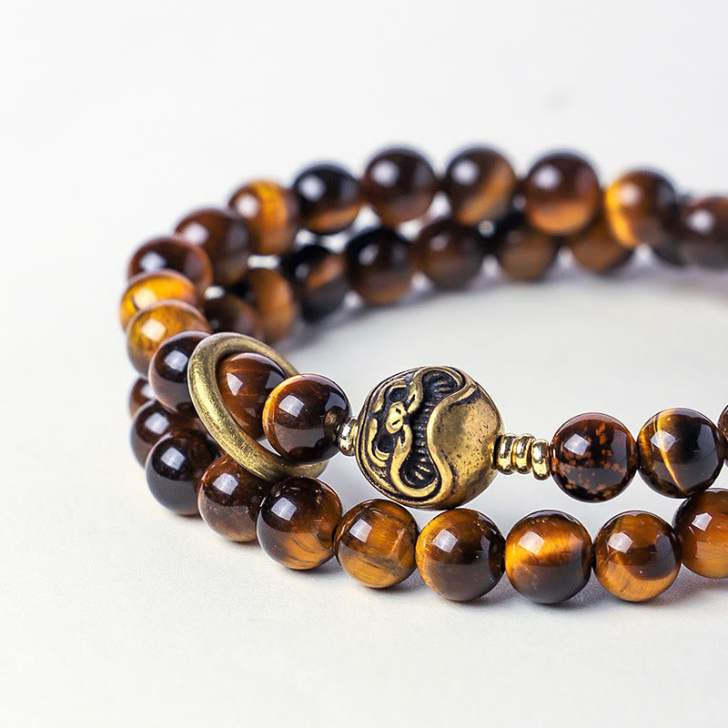 Buddha Stones Tibetan Black Obsidian Tiger Eye Copper Double Wrap Strength Bracelet