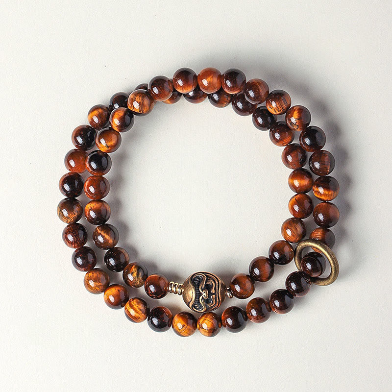 Buddha Stones Tibetan Black Obsidian Tiger Eye Copper Double Wrap Strength Bracelet