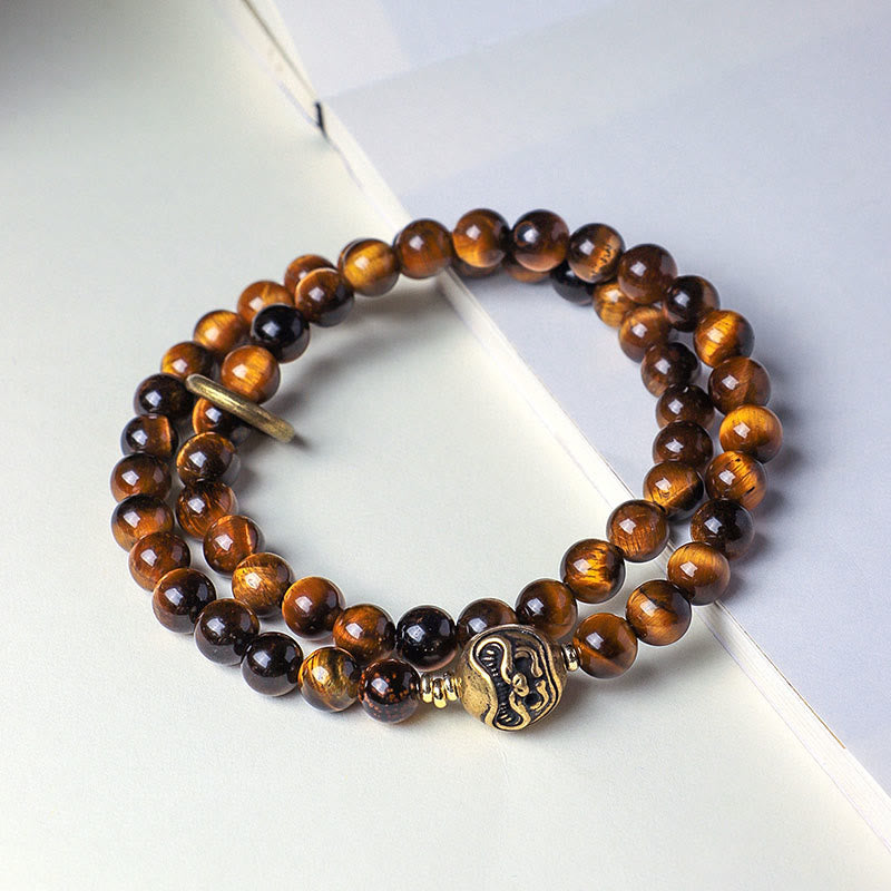Buddha Stones Tibetan Black Obsidian Tiger Eye Copper Double Wrap Strength Bracelet