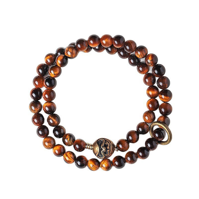 Buddha Stones Tibetan Black Obsidian Tiger Eye Copper Double Wrap Strength Bracelet