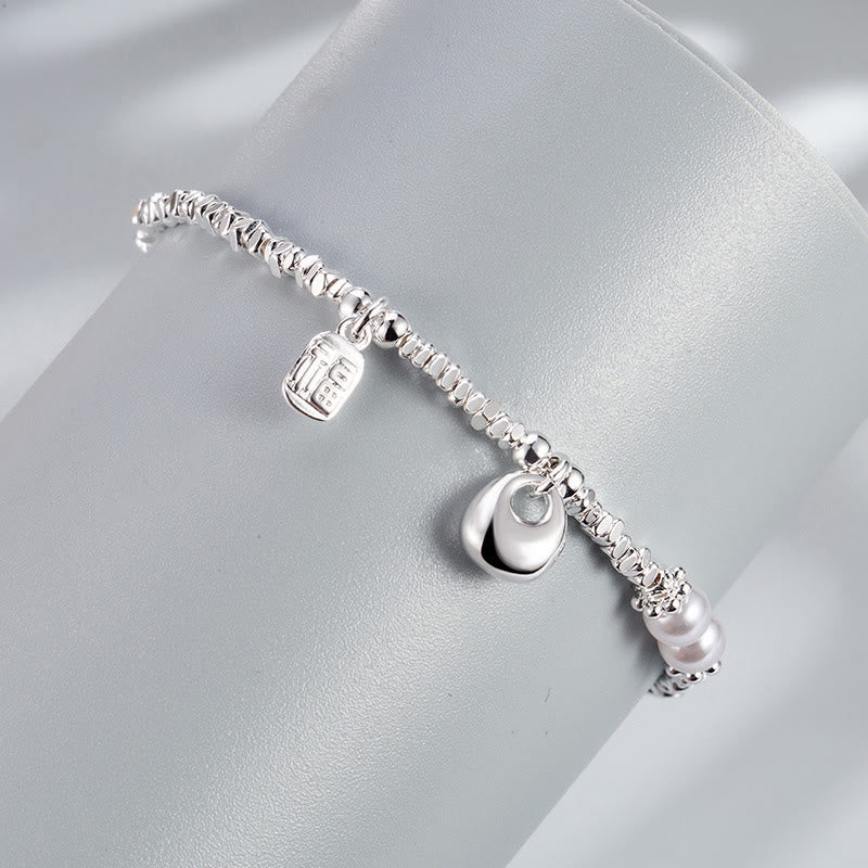 Buddha Stones Copper Plated Silver Fu Character Purse Pearl Blessing Bracelet
