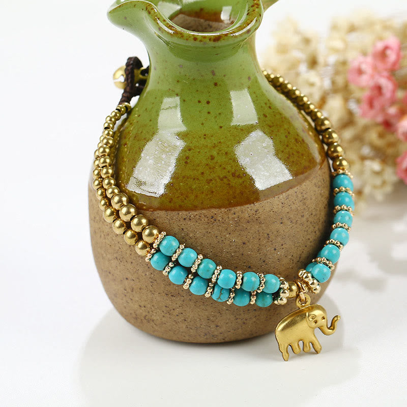 Buddha Stones Turquoise Elephant Luck Double-layer Plated Copper Strength Bracelet
