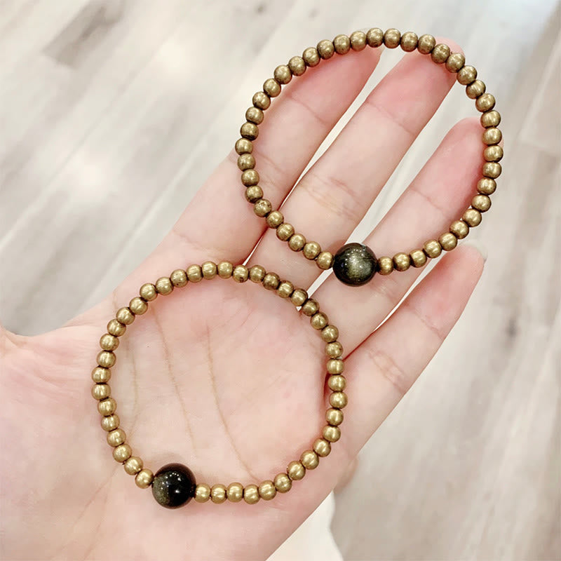 Buddha Stones Plated Copper Brass Gold Sheen Obsidian Protection Wealth Bracelet
