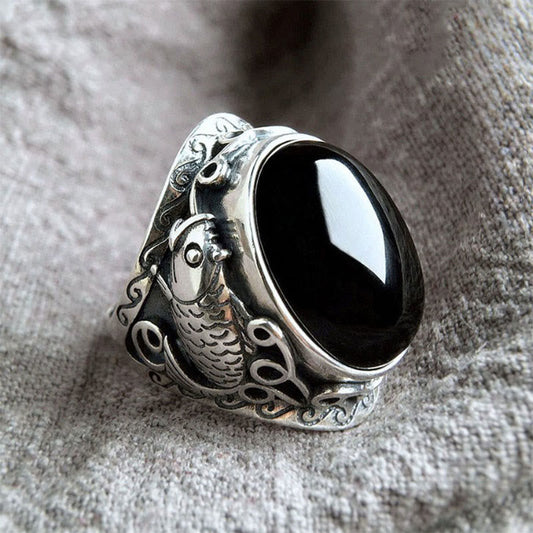 Buddha Stones Black Obsidian Koi Fish Symbol Strength Adjustable Ring