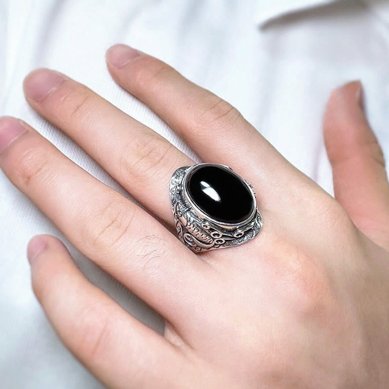 Buddha Stones Black Obsidian Koi Fish Symbol Strength Adjustable Ring
