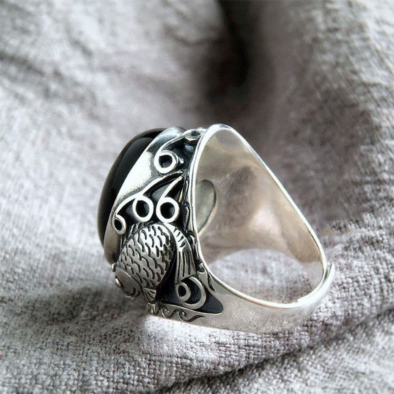 Buddha Stones Black Obsidian Koi Fish Symbol Strength Adjustable Ring