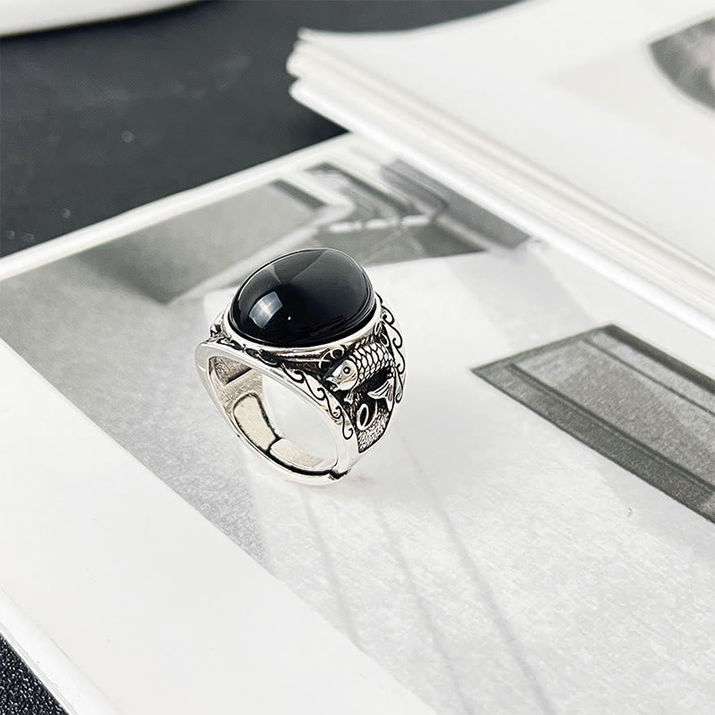 Buddha Stones Black Obsidian Koi Fish Symbol Strength Adjustable Ring