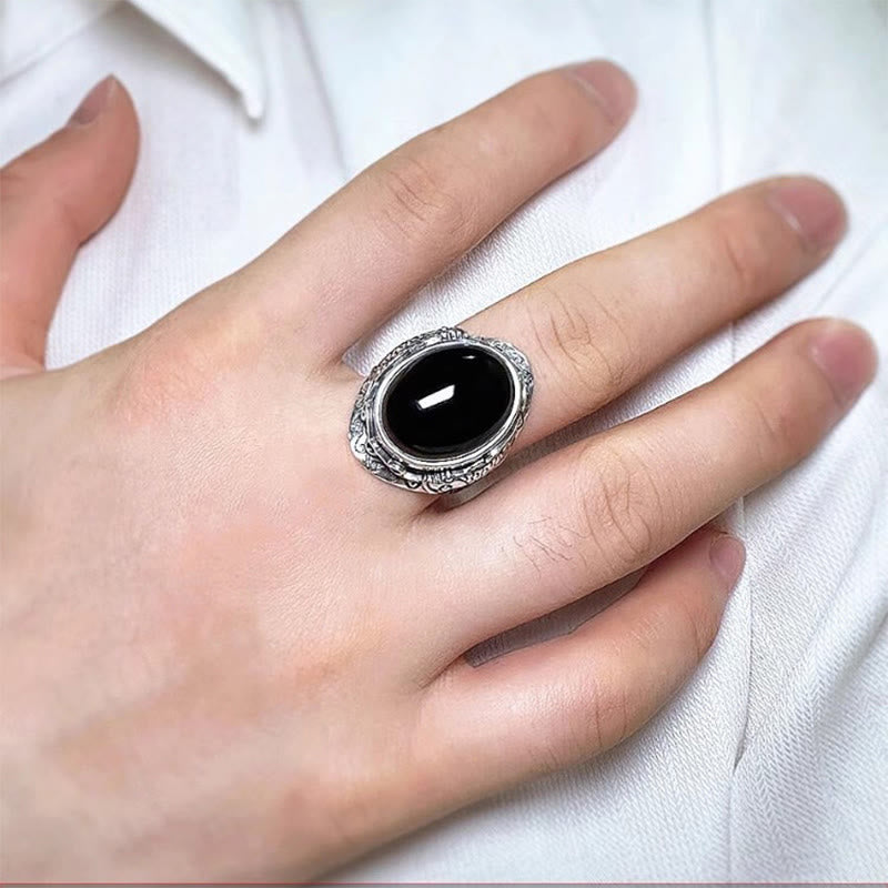Buddha Stones Black Obsidian Koi Fish Symbol Strength Adjustable Ring