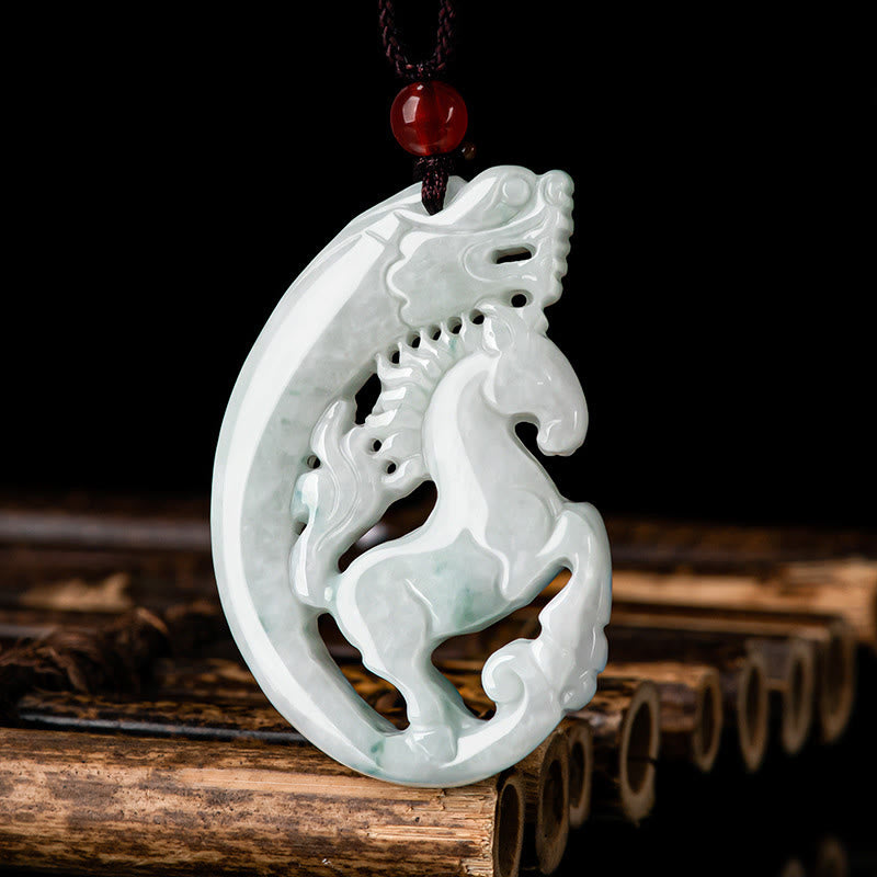 Buddha Stones Year of the Horse Dragon Jade Prosperity Rope Necklace Pendant