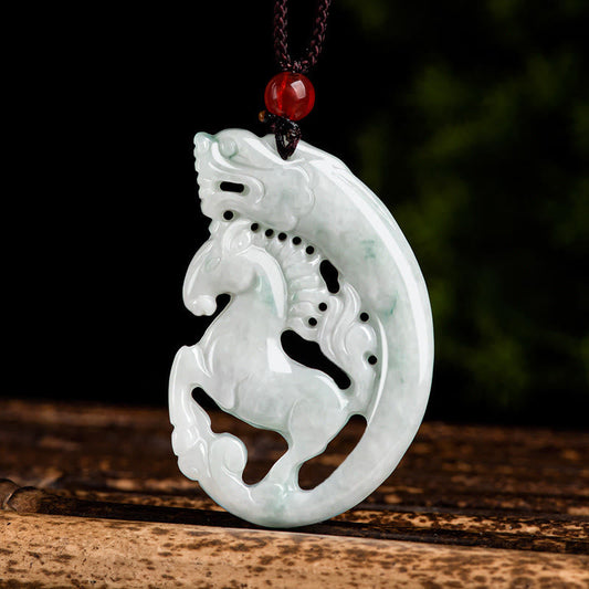 Buddha Stones Year of the Horse Dragon Jade Prosperity Rope Necklace Pendant