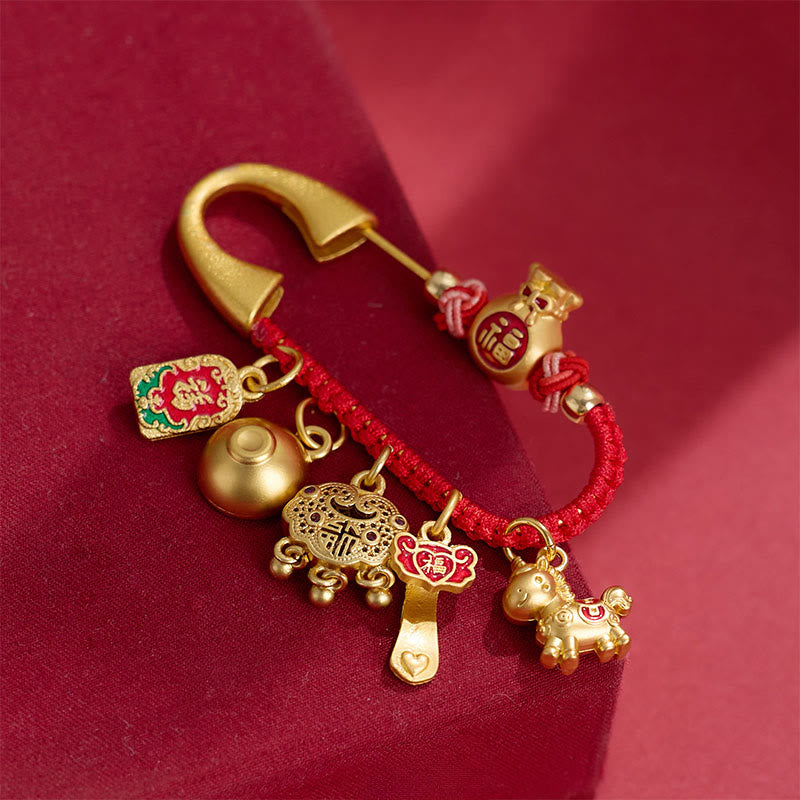 Buddha Stones Horse Charm Fu Character Attract Fortune Ruyi Handle Brass Luck Brooch