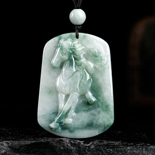 Buddha Stones Year of the Horse Jade Abundance Rope Necklace Pendant