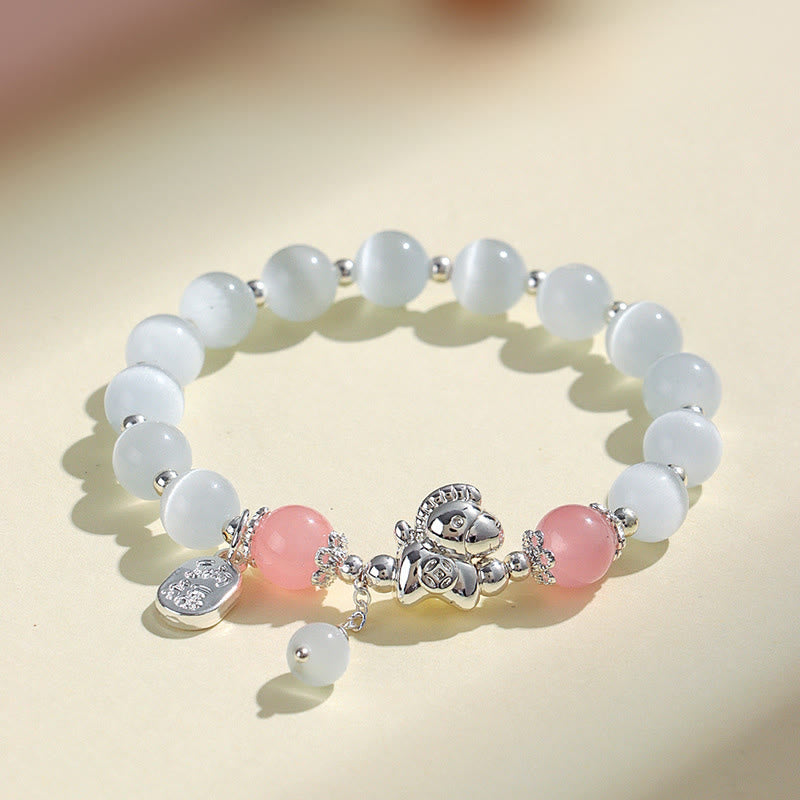 Buddha Stones Natural Cat's Eye Rose Quartz Crystal Year of the Horse Fu Character Love Bracelet