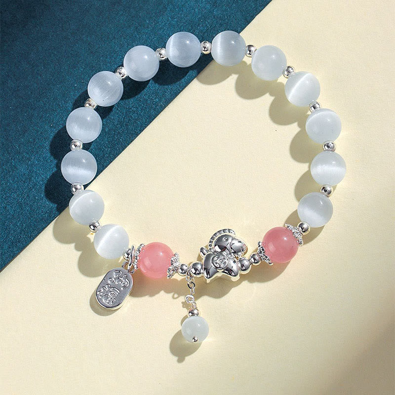 Buddha Stones Natural Cat's Eye Rose Quartz Crystal Year of the Horse Fu Character Love Bracelet