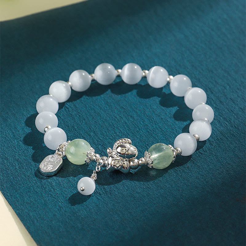 Buddha Stones Natural Cat's Eye Rose Quartz Crystal Year of the Horse Fu Character Love Bracelet