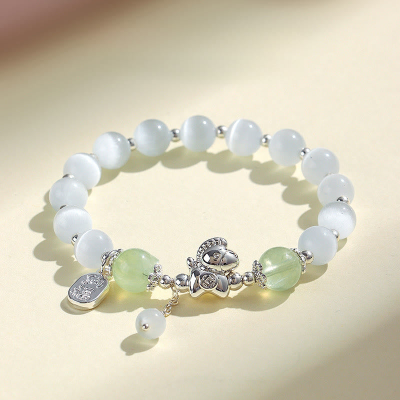 Buddha Stones Natural Cat's Eye Rose Quartz Crystal Year of the Horse Fu Character Love Bracelet