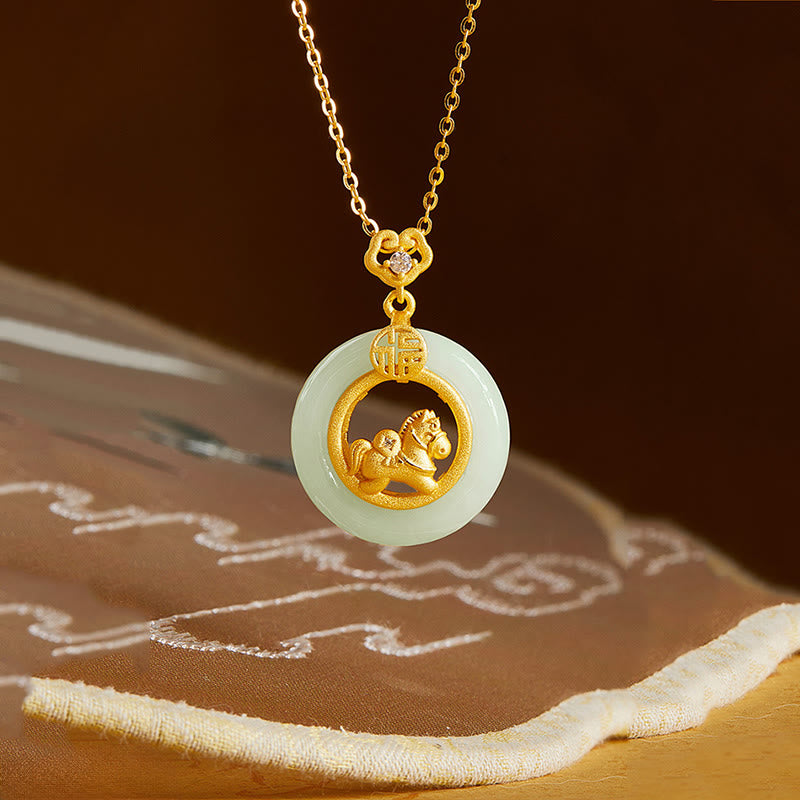Buddha Stones 925 Sterling Silver Horse Hetian Jade Peace Buckle Fu Character Luck Necklace Pendant