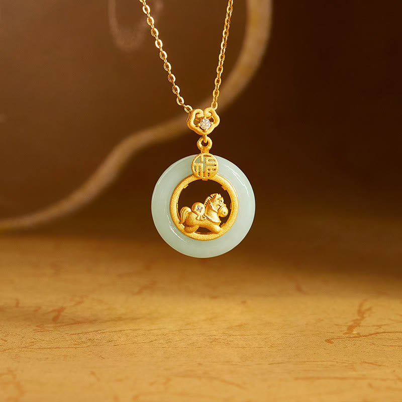 Buddha Stones 925 Sterling Silver Horse Hetian Jade Peace Buckle Fu Character Luck Necklace Pendant