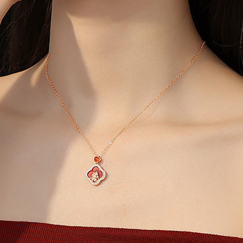 Buddha Stones 925 Sterling Silver Horse Charm Four Leaf Clover Red Agate Calm Necklace Pendant
