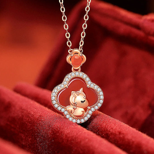 Buddha Stones 925 Sterling Silver Horse Charm Four Leaf Clover Red Agate Calm Necklace Pendant