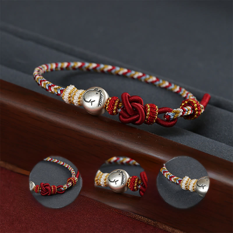 Buddha Stones Year of the Horse 999 Sterling Silver Dunhuang Color String Braided Luck Bracelet