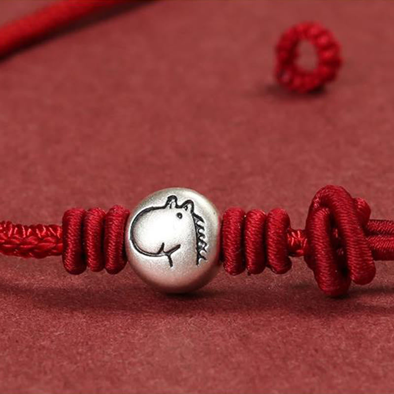 Buddha Stones Year of the Horse 999 Sterling Silver Red String Braided Connection Bracelet