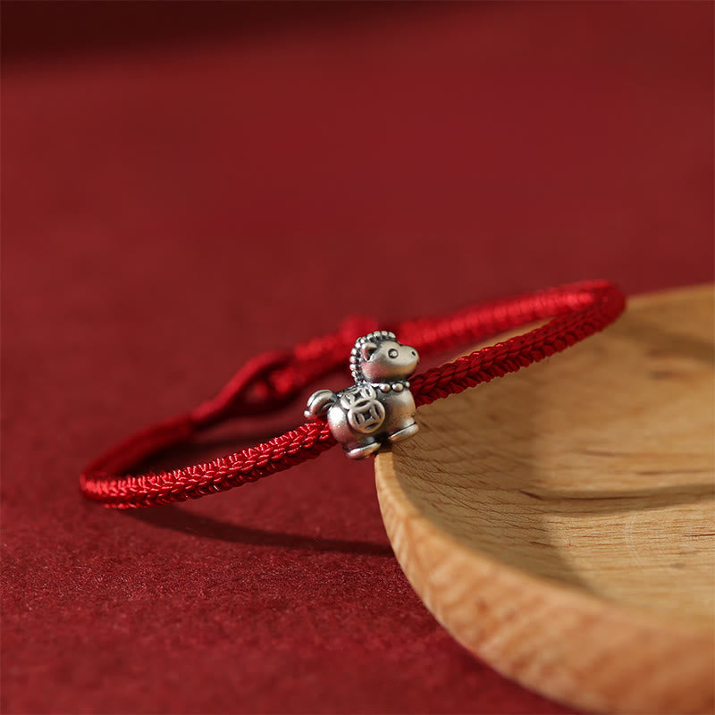 Buddha Stones Year of the Horse 999 Sterling Silver Red String Copper Coins Braided Luck Bracelet