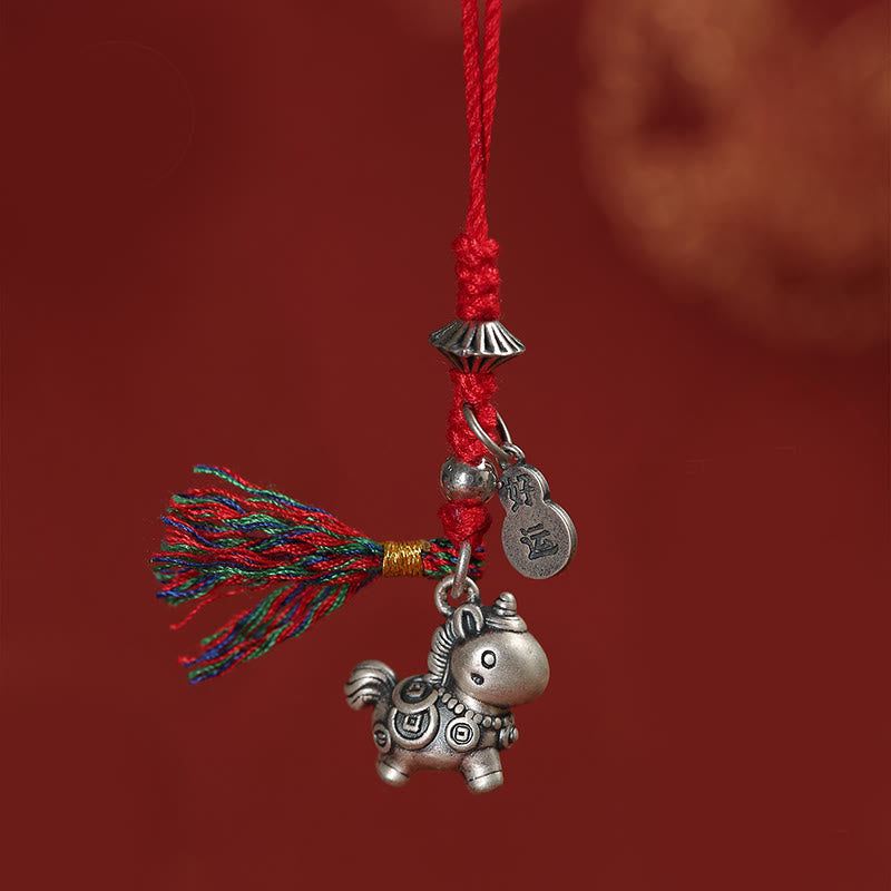 Buddha Stones Year of the Horse 999 Sterling Silver Good Luck Copper Coins Phone Hanging Decoration