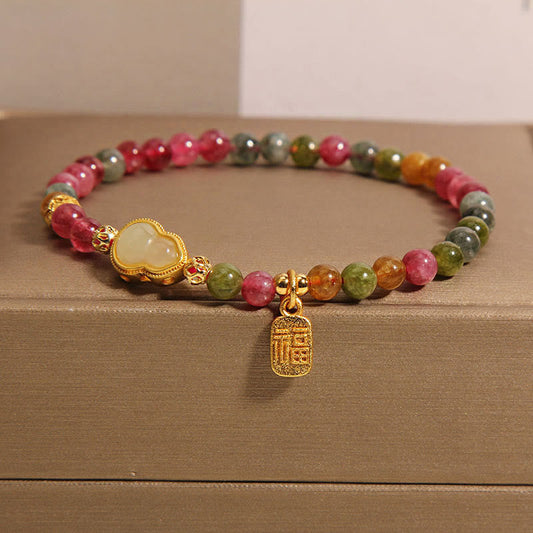Buddha Stones Tourmaline Colorful Stone Fu Character Positive Bracelet
