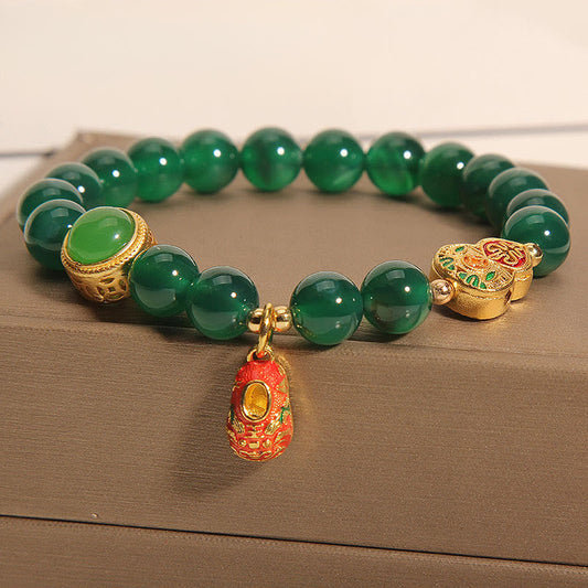 Buddha Stones Natural Green Agate Gourd Tiger Shoes Pattern Hope Bracelet