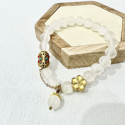 Buddha Stones Tibetan White Agate Crystal Stone Flowers Positivity Bracelet