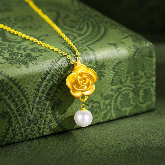 Buddha Stones 999 Sterling Silver Plated Gold Camellia Pearl Healing Necklace Pendant