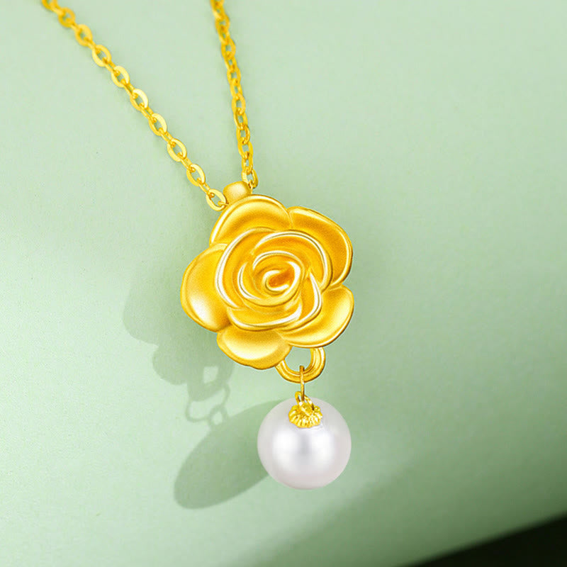 Buddha Stones 999 Sterling Silver Plated Gold Camellia Pearl Healing Necklace Pendant