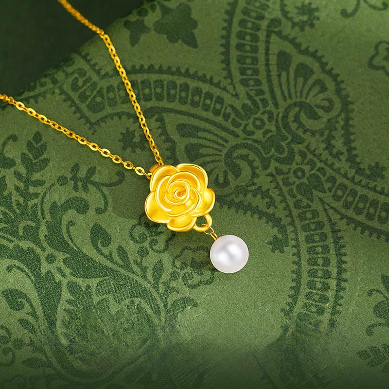 Buddha Stones 999 Sterling Silver Plated Gold Camellia Pearl Healing Necklace Pendant