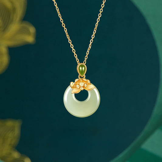 Buddha Stones 925 Sterling Silver Plated Gold Hetian Jade Lotus Luck Necklace Pendant