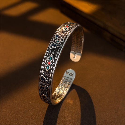 Buddha Stones Heart Sutra Butterfly Copper Enamel Healing Open Adjustable Bracelet Bangle