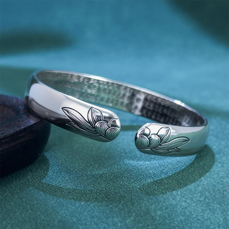 Buddha Stones Heart Sutra Lotus Copper New Beginning Open Adjustable Bracelet Bangle