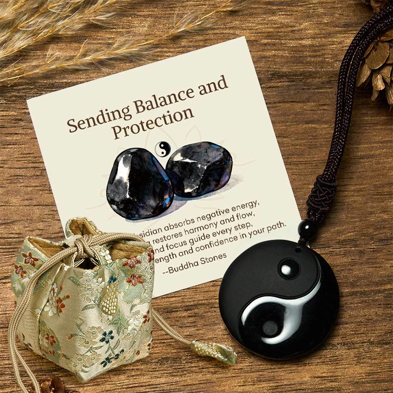 Buddha Stones "Sending Balance and Protection" Obsidian Yin Yang Necklace Includes Gift Message Card