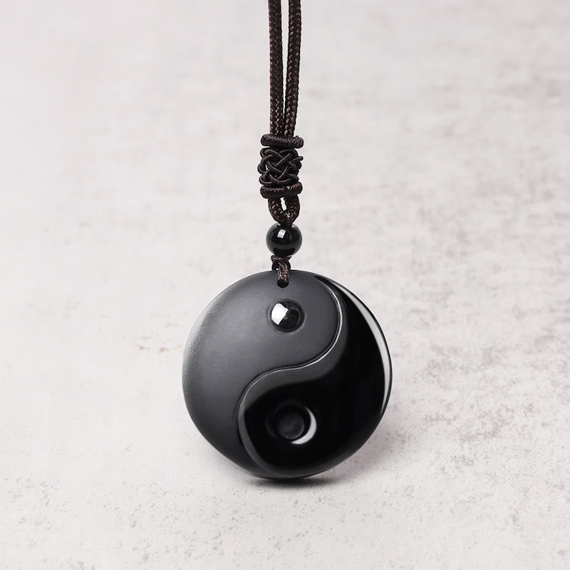 Buddha Stones "Sending Balance and Protection" Obsidian Yin Yang Necklace Includes Gift Message Card