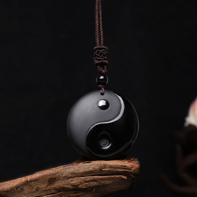 Buddha Stones "Sending Balance and Protection" Obsidian Yin Yang Necklace Includes Gift Message Card