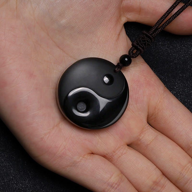 Buddha Stones "Sending Balance and Protection" Obsidian Yin Yang Necklace Includes Gift Message Card