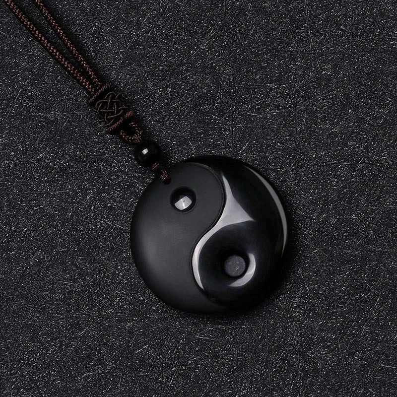 Buddha Stones "Sending Balance and Protection" Obsidian Yin Yang Necklace Includes Gift Message Card