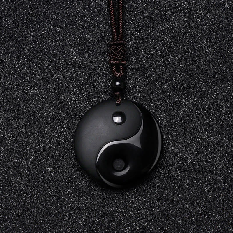 Buddha Stones "Sending Balance and Protection" Obsidian Yin Yang Necklace Includes Gift Message Card
