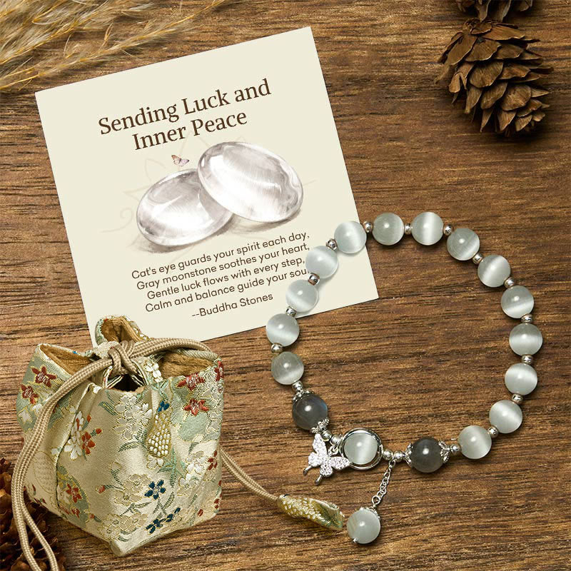 Buddha Stones "Sending Luck and Inner Peace" Cat's Eye Butterfly Bracelet Includes Gift Message Card