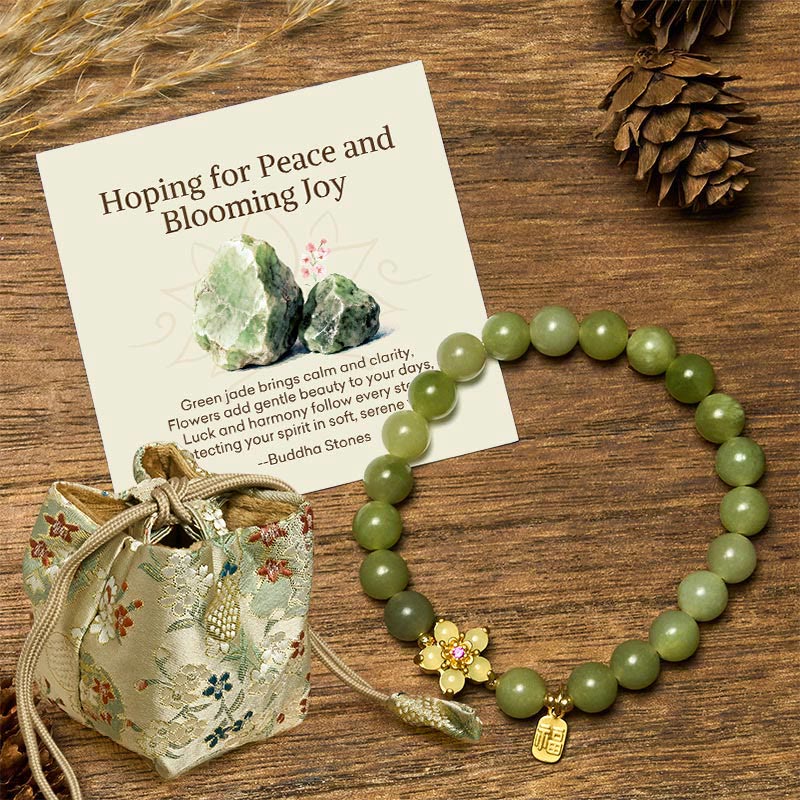 Buddha Stones "Hoping for Peace and Blooming Joy" Green Jade Bracelet Includes Gift Message Card