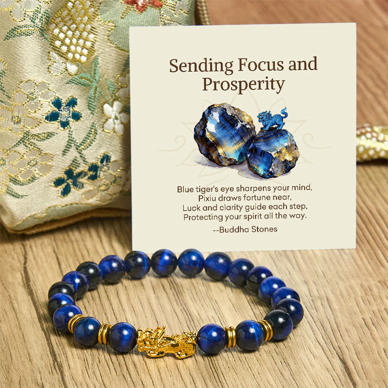 Buddha Stones "Sending Focus and Prosperity" Tiger Eye Pixiu Bracelet Includes Gift Message Card